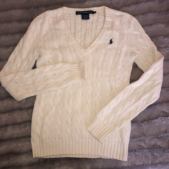 White cable knit v neck sweater by Ralph Lauren 100% cotton - Picture 2 of 3